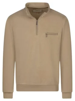 Sweat beige uni à coupe droite avec un col montant et un zip