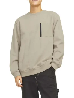 Sweat beige uni à coupe droite et à col rond avec une poche zippée à la poitrine