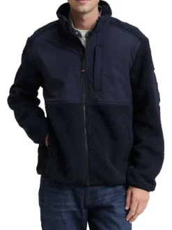 Sweat bi-matière marine uni avec un col montant et glissière