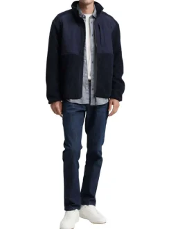 Sweat bi-matière marine uni avec un col montant et glissière