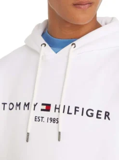 Sweat blanc coupe droite à capuche, manches longues et nom de la marque brodé à la poitrine