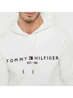 Sweat blanc coupe droite à capuche, manches longues et nom de la marque brodé à la poitrine