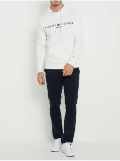 Sweat blanc coupe droite à capuche, manches longues et nom de la marque brodé à la poitrine