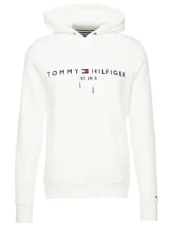 Sweat blanc coupe droite à capuche, manches longues et nom de la marque brodé à la poitrine