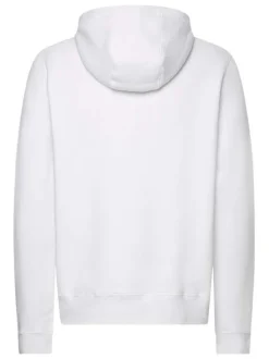 Sweat blanc coupe droite à capuche, manches longues et nom de la marque brodé à la poitrine