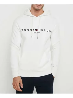 Sweat blanc coupe droite à capuche, manches longues et nom de la marque brodé à la poitrine