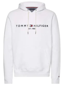 Sweat blanc coupe droite à capuche, manches longues et nom de la marque brodé à la poitrine