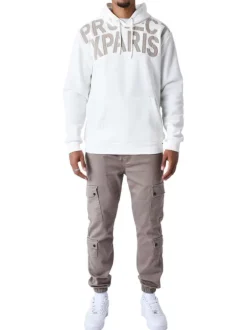 Sweat blanc imprimé à coupe ample avec nom de la marque taupe et col à capuche