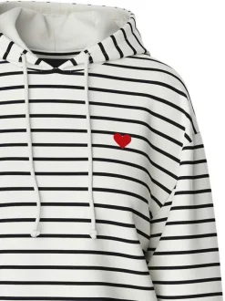 Sweat blanc rayé à coupe droite et col à capuche avec lien et coeur rouge