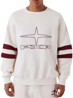 Sweat blanc uni avec une coupe droite et un logo bordeaux sur la poitrine