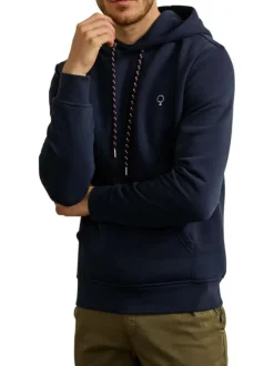 Sweat bleu marine uni avec une coupe droite et un col à capuche