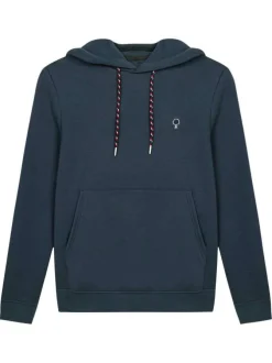 Sweat bleu marine uni avec une coupe droite et un col à capuche