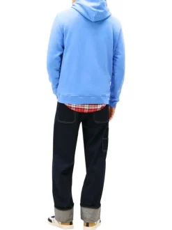 Sweat bleu uni avec une coupe droite et un col à capuche avec cordon de serrage