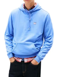 Sweat bleu uni avec une coupe droite et un col à capuche avec cordon de serrage