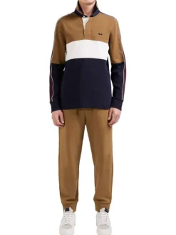 Sweat camel tricolore droit, col polo et bandes colorées le long des manches