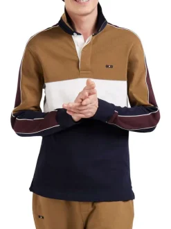 Sweat camel tricolore droit, col polo et bandes colorées le long des manches