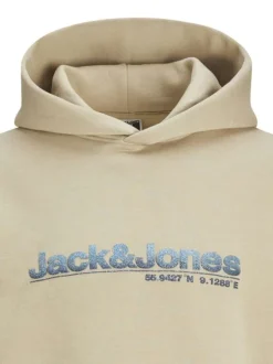 Sweat à capuche beige uni à coupe droite avec nom de la marque à la poitrine