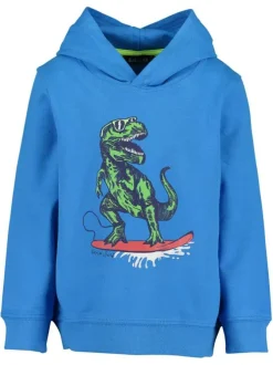 Sweat à capuche bleu en coton avec un dinosaure floqué sur une planche de surf