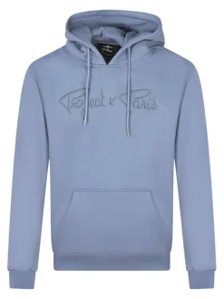 Sweat à capuche bleu uni à coupe droite avec le nom de la marque brodé en relief