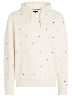 Sweat à capuche écru uni en coton avec des drapeaux et une poche kangourou