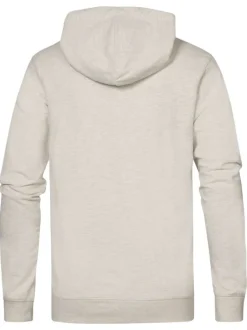 Sweat à capuche écru uni et logo bleu et rouge floqué sur la poitrine