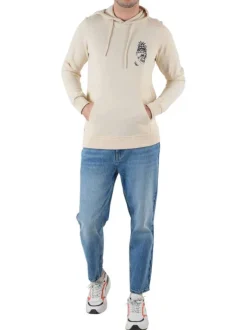 Sweat à capuche en coton beige uni à coupe droite et un imprimé crâne devant