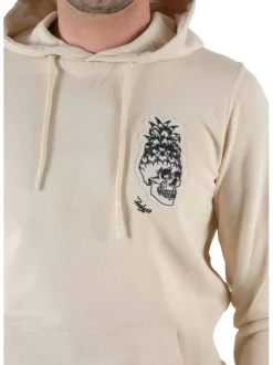Sweat à capuche en coton beige uni à coupe droite et un imprimé crâne devant