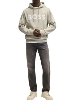 Sweat à capuche en coton beige uni à coupe regular fit avec le logo