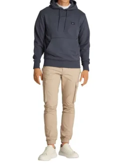 Sweat à capuche en coton bleu marine uni à coupe droite avec un petit patch