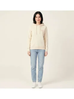 Sweat capuche en coton mélangé beige uni avec une coupe droite