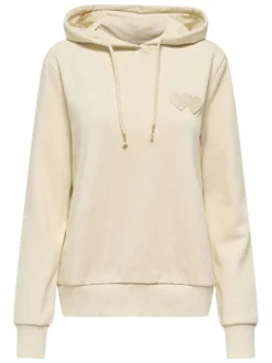 Sweat capuche en coton mélangé beige uni avec une coupe droite