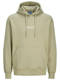 Sweat à capuche en coton mélangé beige uni à coupe droite avec petite écriture