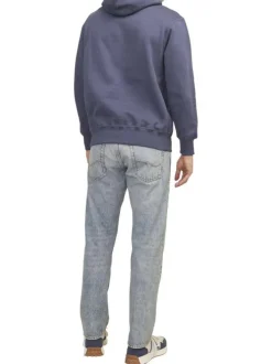 Sweat à capuche en coton mélangé bleu indigo uni à coupe droite avec écriture