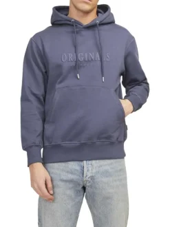 Sweat à capuche en coton mélangé bleu indigo uni à coupe droite avec écriture