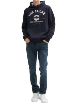 Sweat à capuche en coton mélangé bleu marine imprimé à l'avant à coupe droite