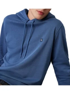 Sweat à capuche en coton mélangé bleu uni avec une coupe droite et logo iconique