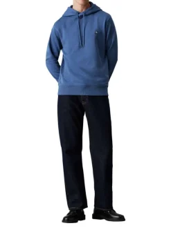 Sweat à capuche en coton mélangé bleu uni avec une coupe droite et logo iconique