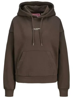 Sweat à capuche en coton mélangé marron uni à coupe droite avec une poche
