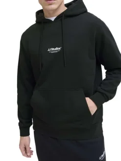 Sweat à capuche en coton mélangé noir uni avec une coupe droite