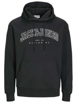 Sweat à capuche en coton mélangé noir uni à coupe droite imprimé