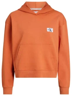 Sweat à capuche en coton mélangé orange uni avec une coupe droite
