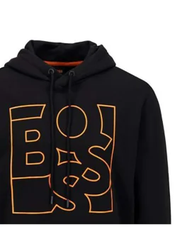 Sweat à capuche en coton noir avec une coupe droite col croisé et gros logo devant