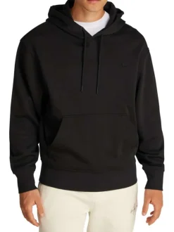 Sweat à capuche en coton noir avec une coupe droite et un imprimé au dos