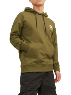 Sweat à capuche kaki avec un coupe droite et un imprimé dorsal