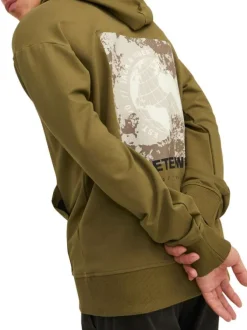 Sweat à capuche kaki avec un coupe droite et un imprimé dorsal