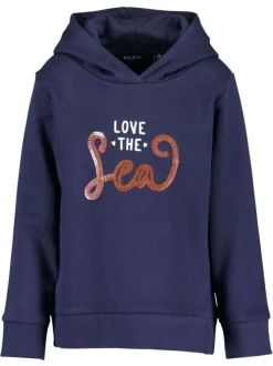 Sweat à capuche marine en coton avec lettrage orné de sequins sur la poitrine
