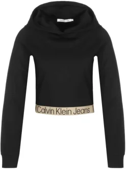 Sweat à capuche noir uni avec une coupe droite col croisé et logotypé
