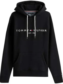 Sweat à capuche noir uni à coupe droite avec le nom de la marque brodé