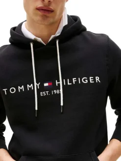 Sweat à capuche noir uni à coupe droite avec le nom de la marque brodé