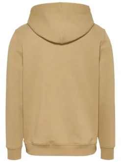 Sweat à capuche sable uni en coton avec une poche kangourou et nom de la marque